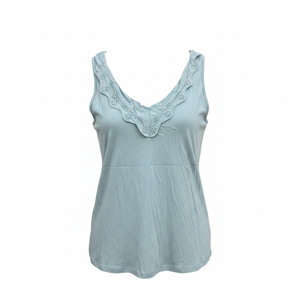Women's Sage Green Eyelet Trim Sleeveless Tank Top