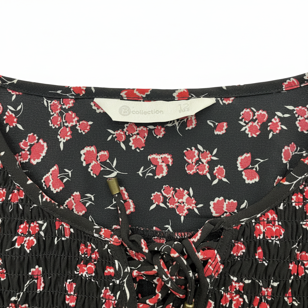 B Collection by Bobeau Black Floral Smocked Tie Blouse