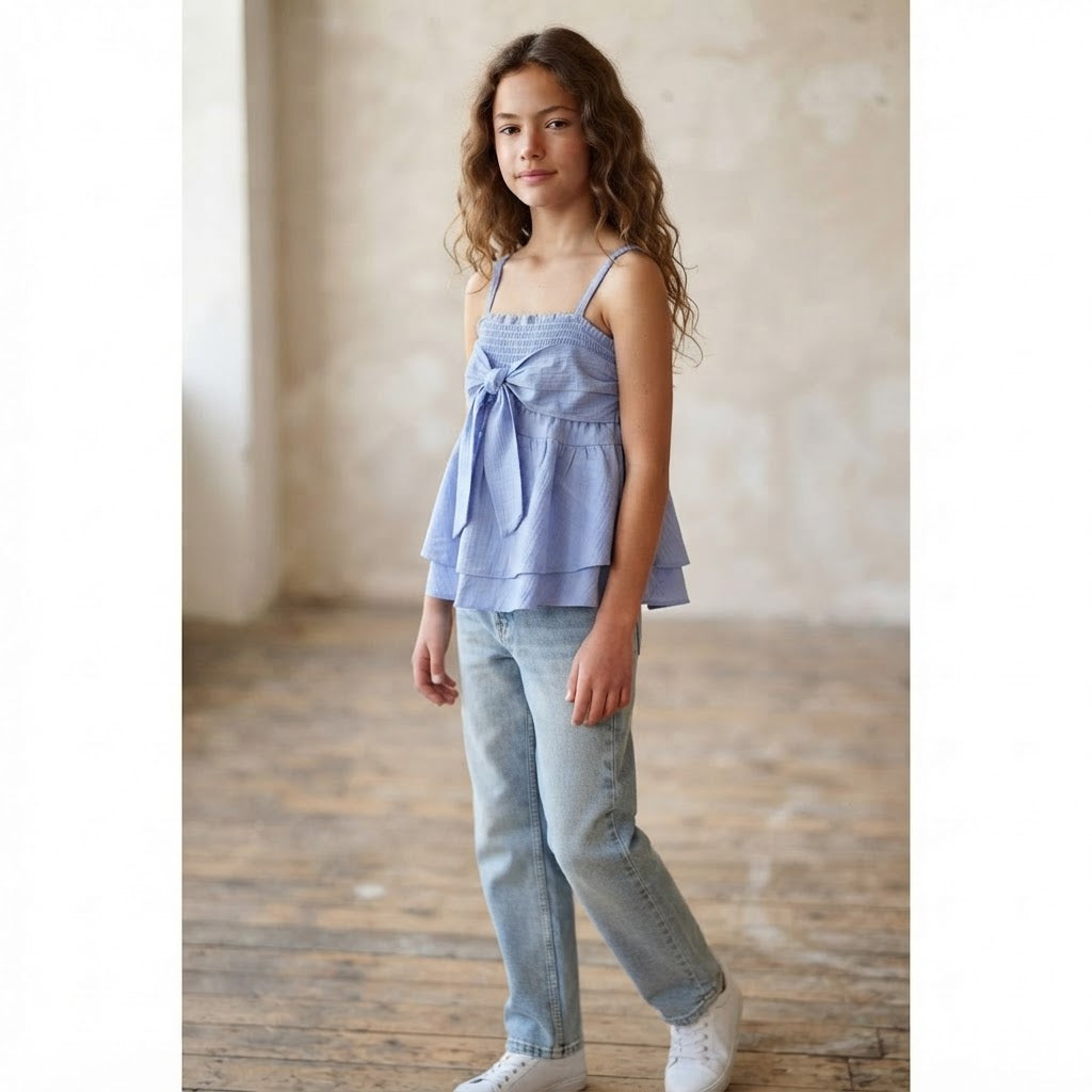 SHEIN Periwinkle Blue Smocked Ruffle Top with Front Bow