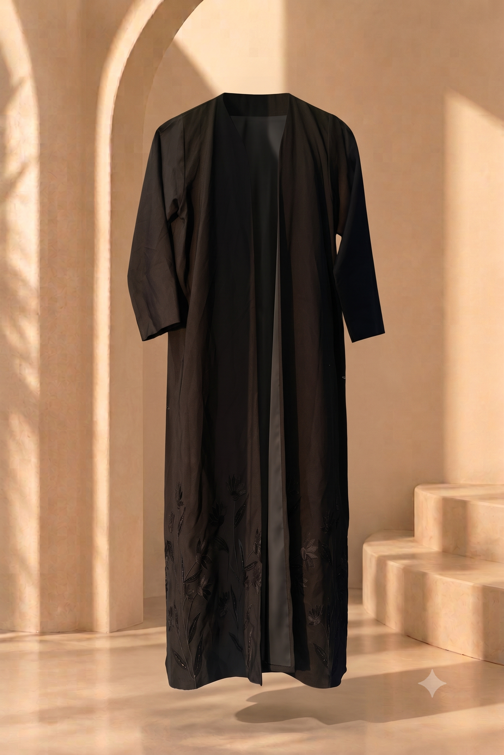 Women's Black Long-Sleeved Embroidered Maxi Abaya Robe