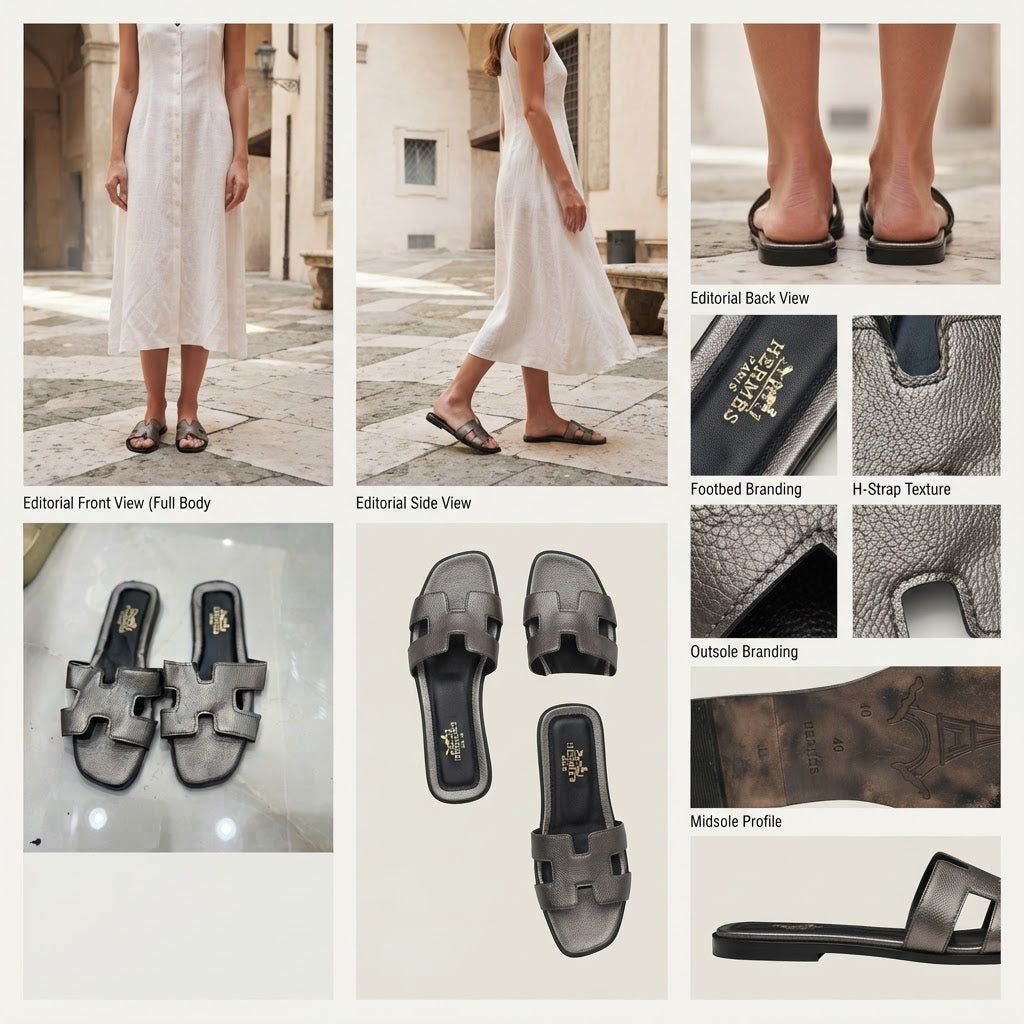 HERMES Gunmetal Metallic Flat Slides with H-Cutout Detail