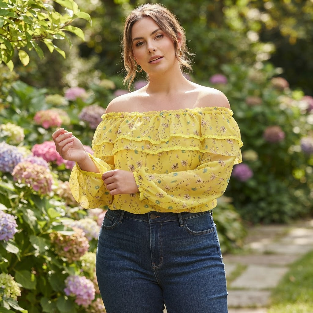 Women's Yellow Floral Off-The-Shoulder Ruffle Top