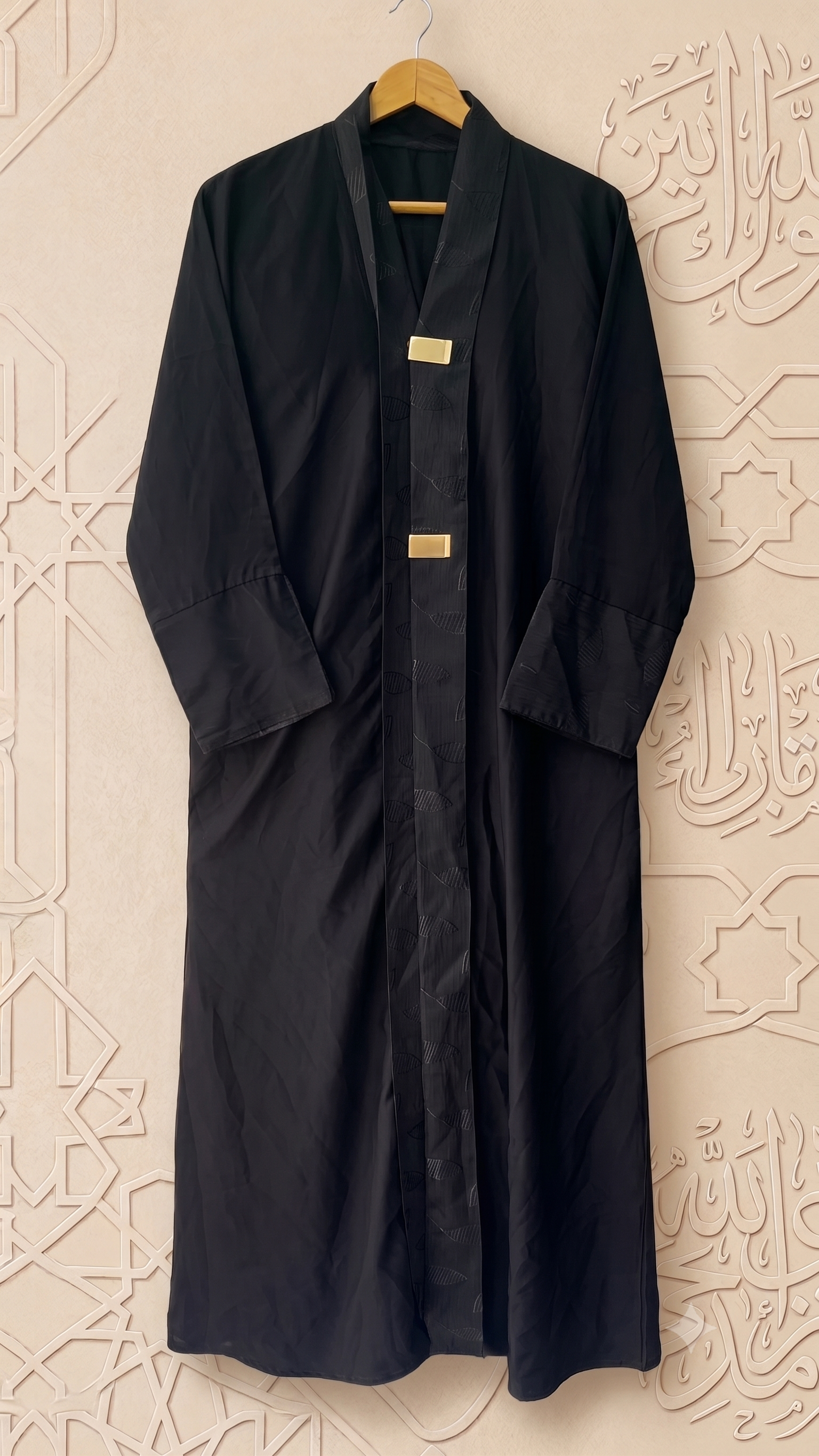 Women's Black Abaya with Gold Hardware & Patterned Trim