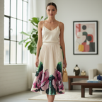 Ain Women's Cream and Pink Floral Pleated Midi Skirt