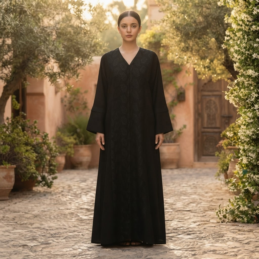Black Botanical Jacquard Panel Men's Long Kurta