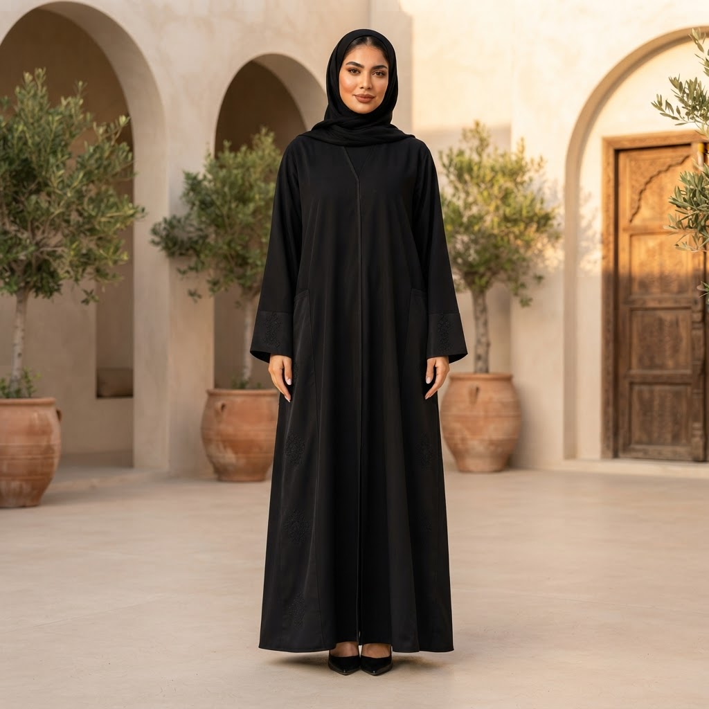 Women's Black Embroidered Modest Abaya with Hijab