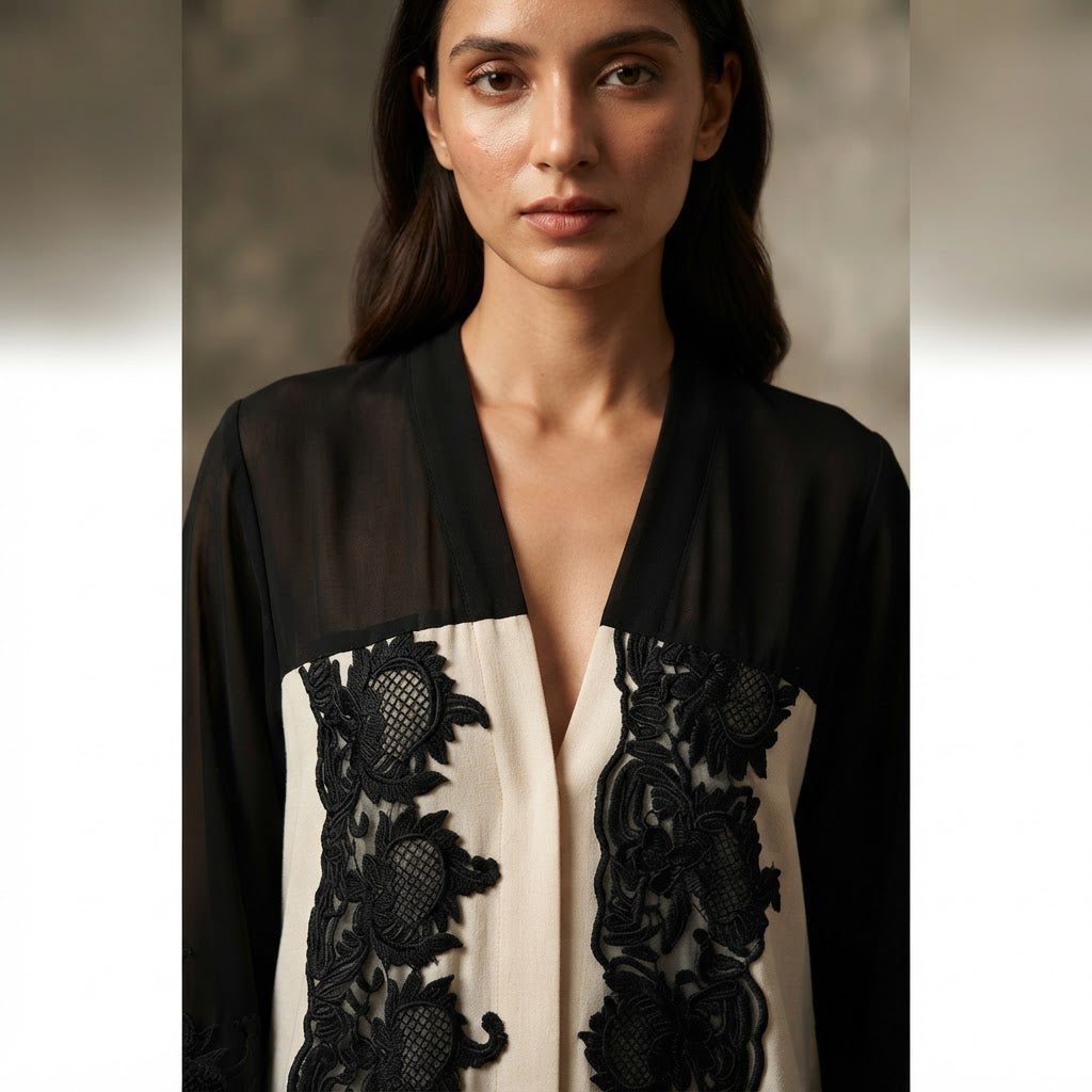 Black and Cream Lace Panel Long Tunic Kameez