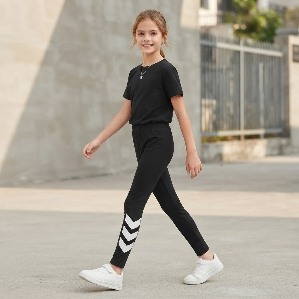 SHEIN Black Girls' Athletic Leggings with White Graphic Deta