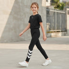 SHEIN Black Girls' Athletic Leggings with White Graphic Deta