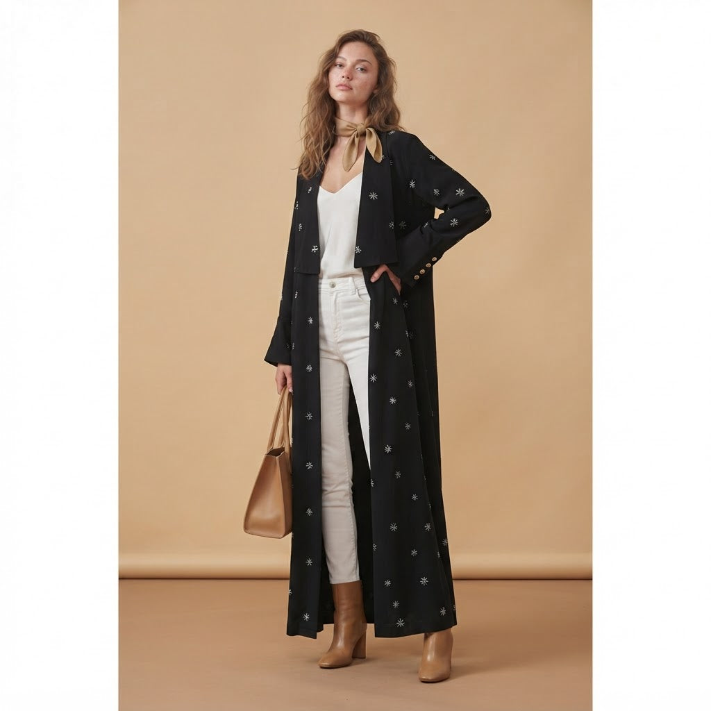 Women's Black Embroidered Modest Longline Abaya Robe