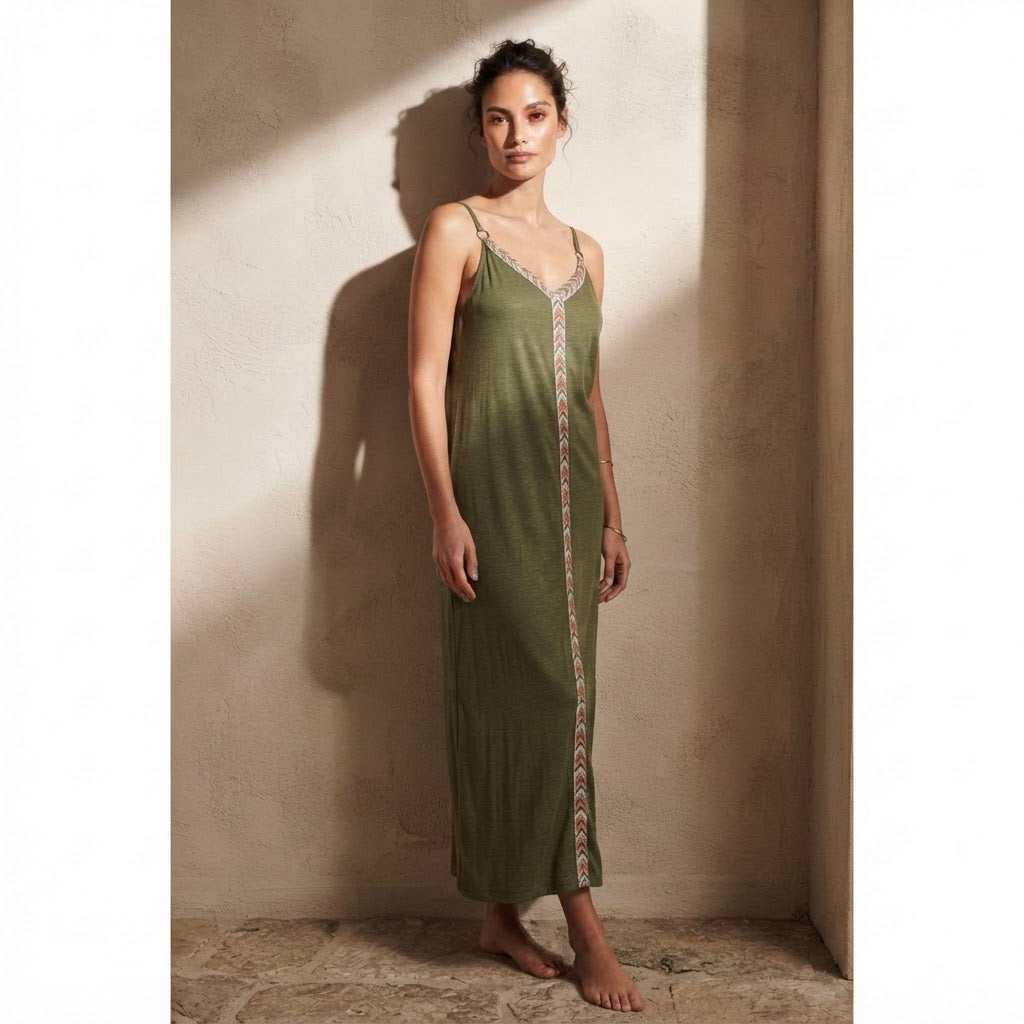 EMERY ROSE Olive Green Maxi Cami Dress with Chevron Trim