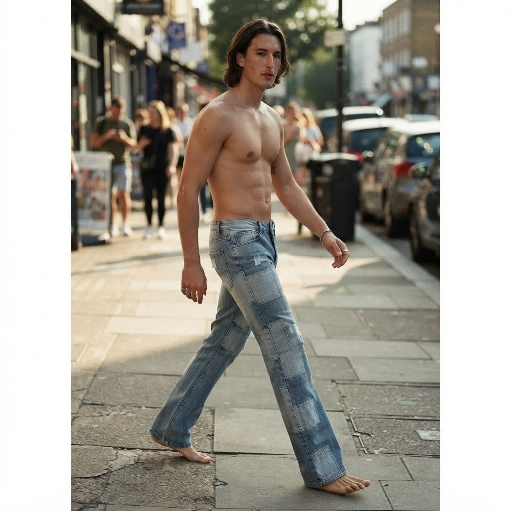BoohooMAN Light Blue Patchwork Distressed Straight Flare Jea
