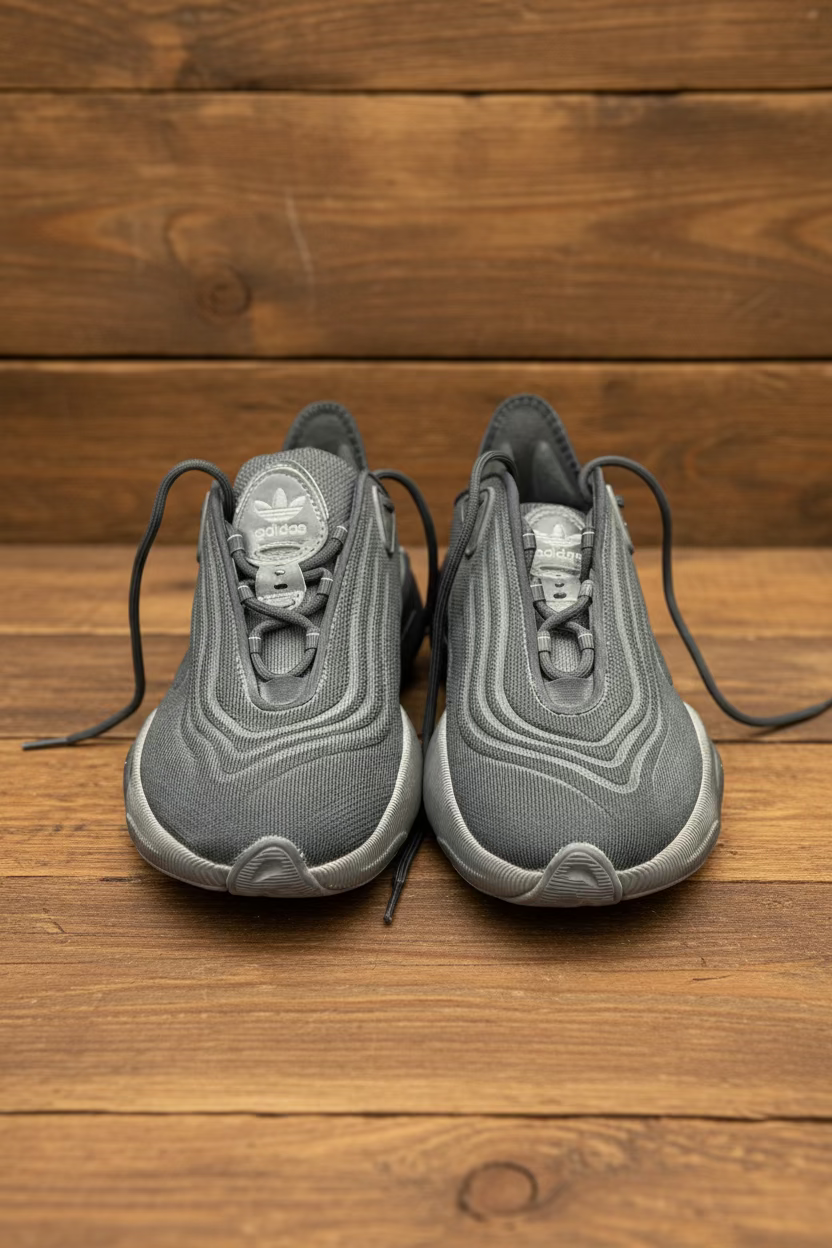 Pair of black sneakers on a wooden surface