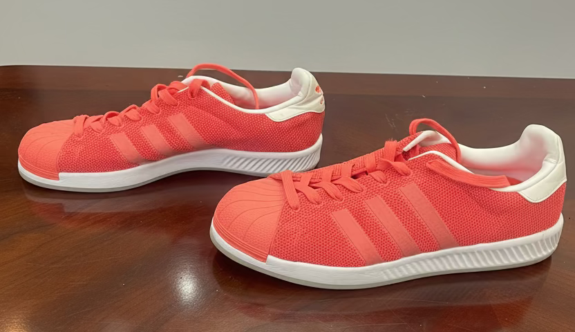 Red Adidas sneakers on a wooden table with a blurred background
