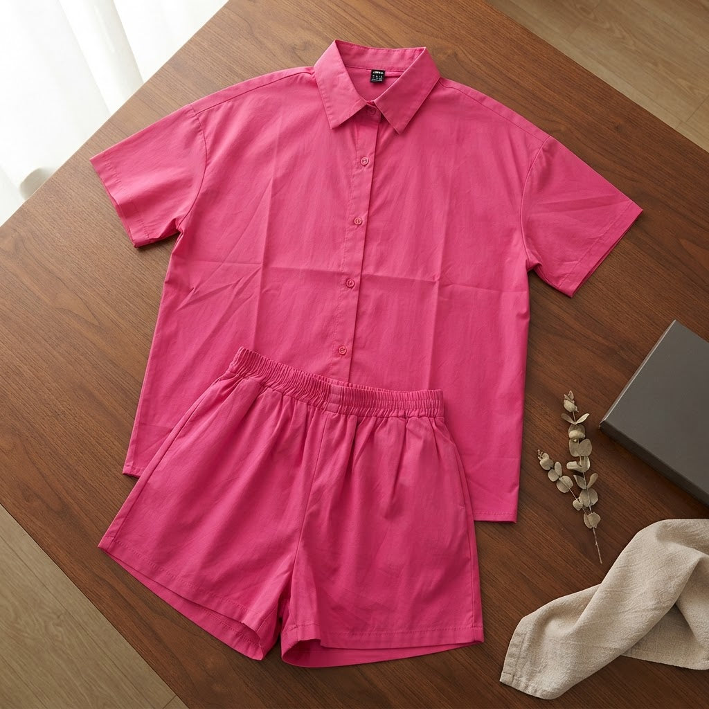 SHEIN Fuchsia Pink Relaxed Short Sleeve Shirt & Shorts Co-or