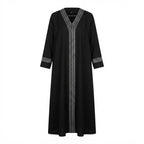 represent Black Traditional Thobe with White Geometric Woven