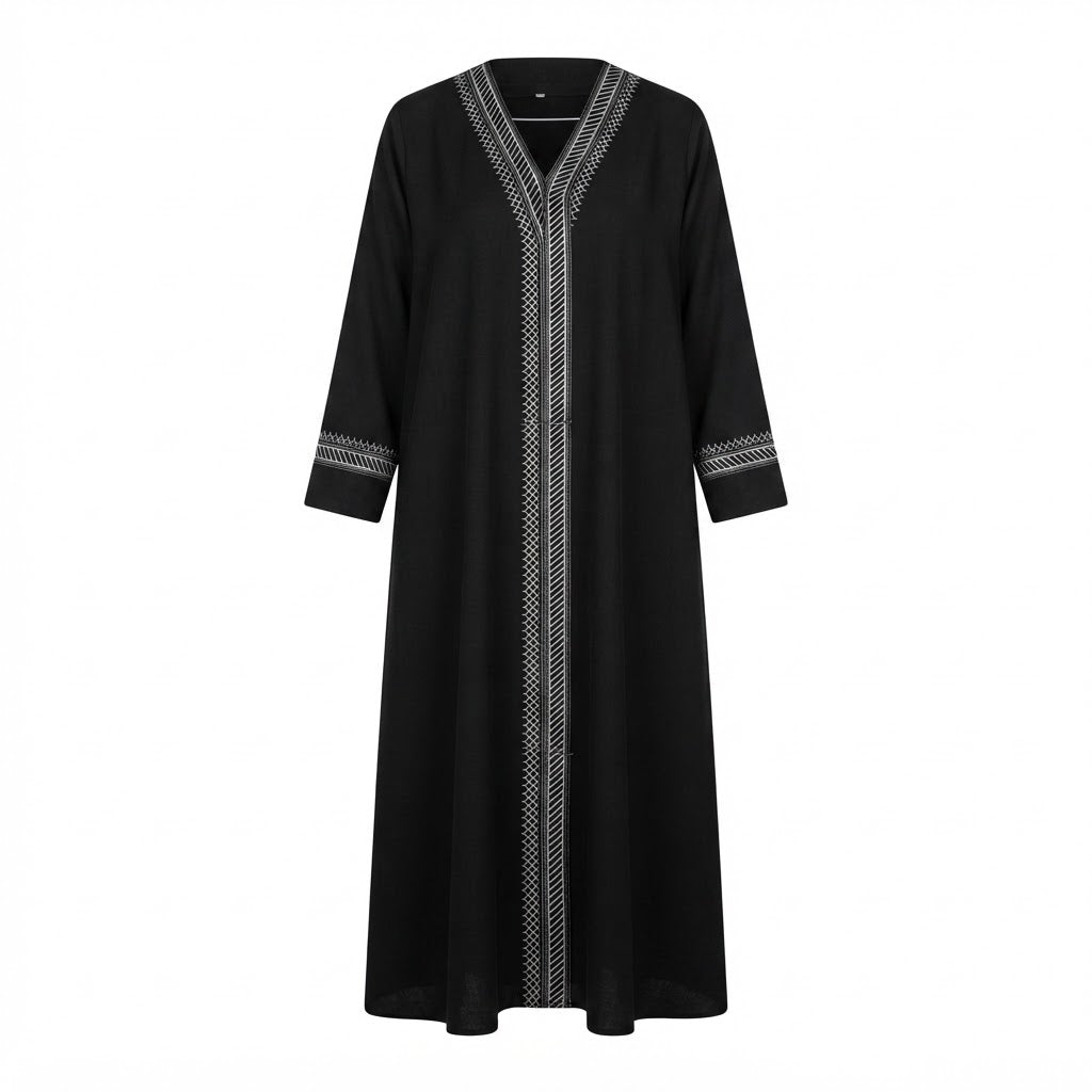 represent Black Traditional Thobe with White Geometric Woven