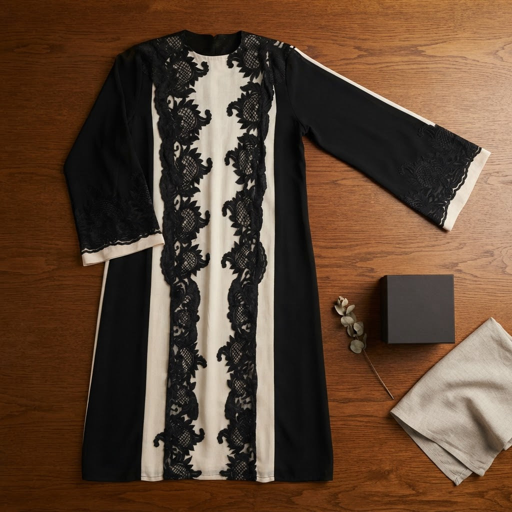 Black and Cream Lace Panel Long Tunic Kameez