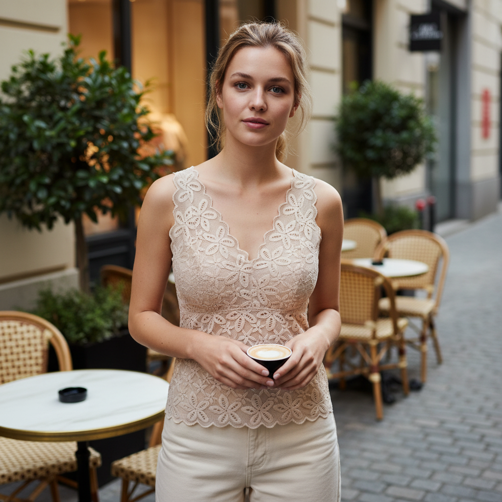 Premium Women's Beige Floral Lace V-Neck Camisole Tank
