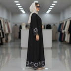 gant Black Embroidered Floral Lace-Trim Floor-Length Abaya