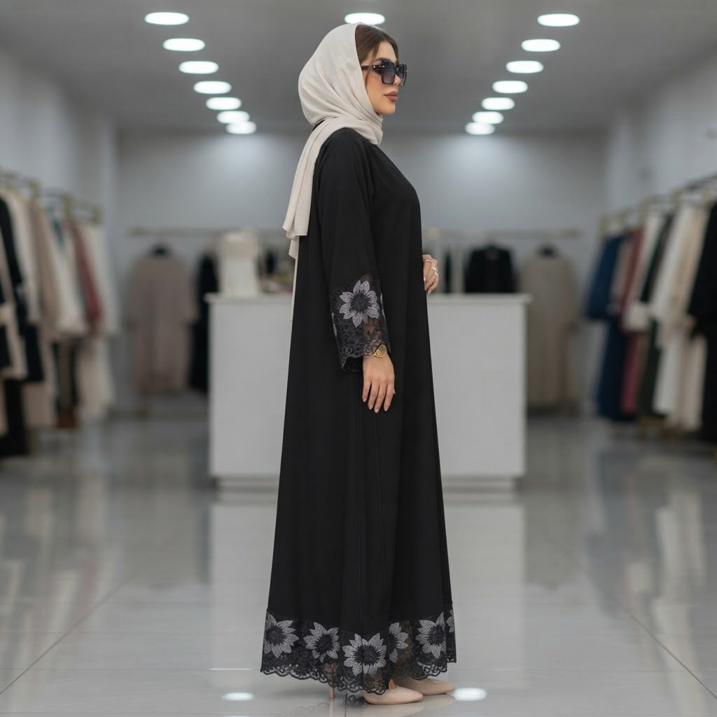 gant Black Embroidered Floral Lace-Trim Floor-Length Abaya