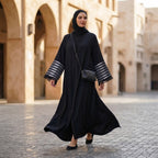 ASALA Deep Navy Zip-Front Abaya with Decorative Fringe Cuffs