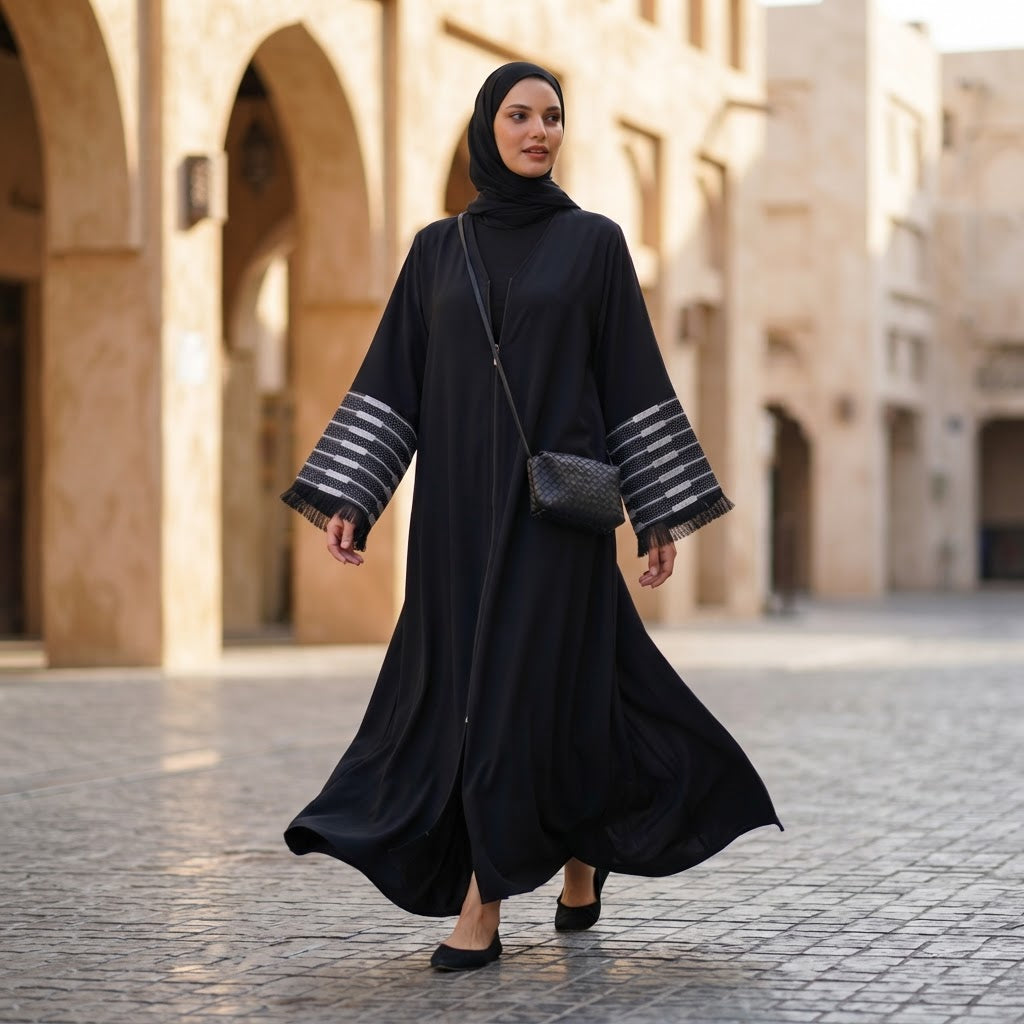 ASALA Deep Navy Zip-Front Abaya with Decorative Fringe Cuffs