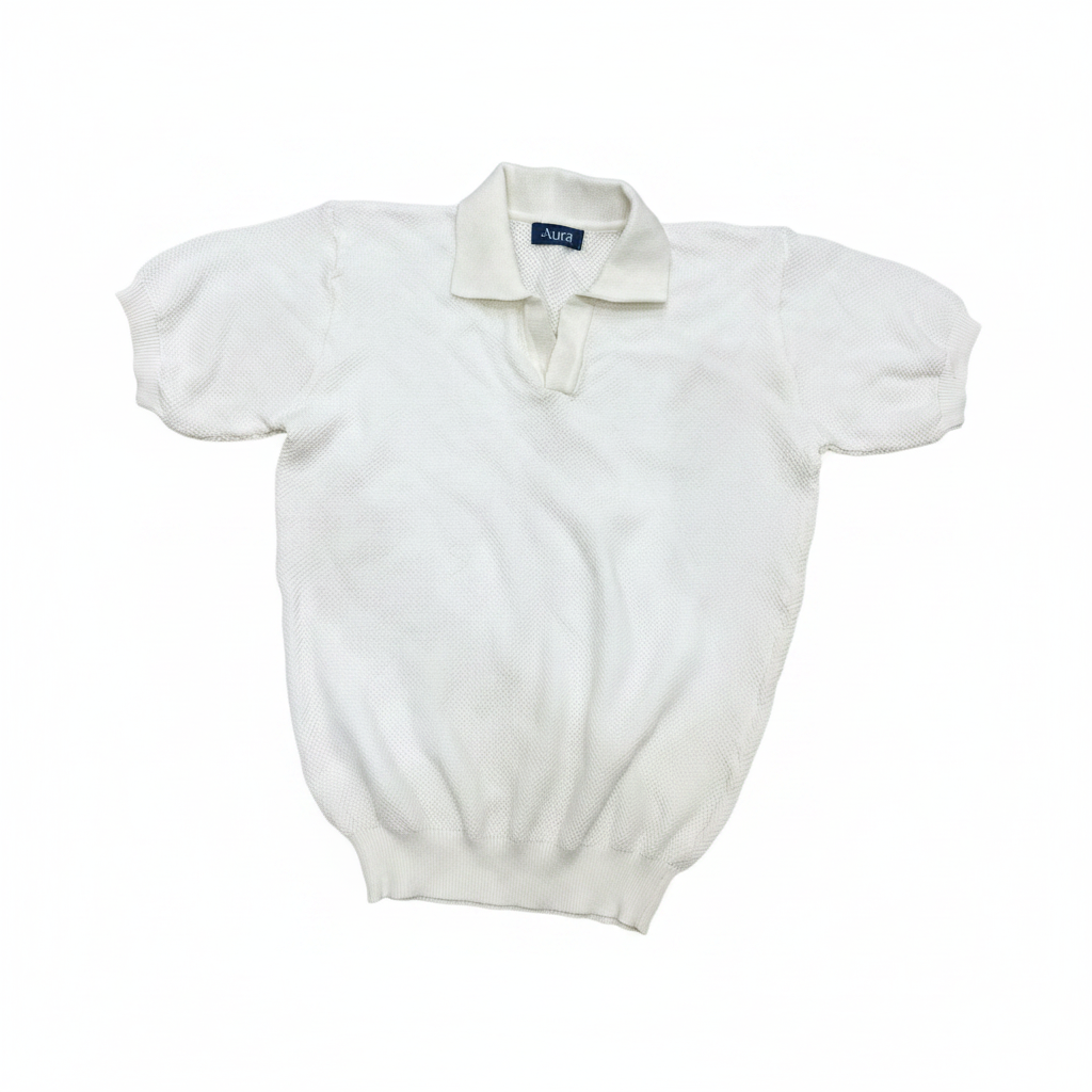 Aura White Textured Knit Johnny Collar Polo Shirt