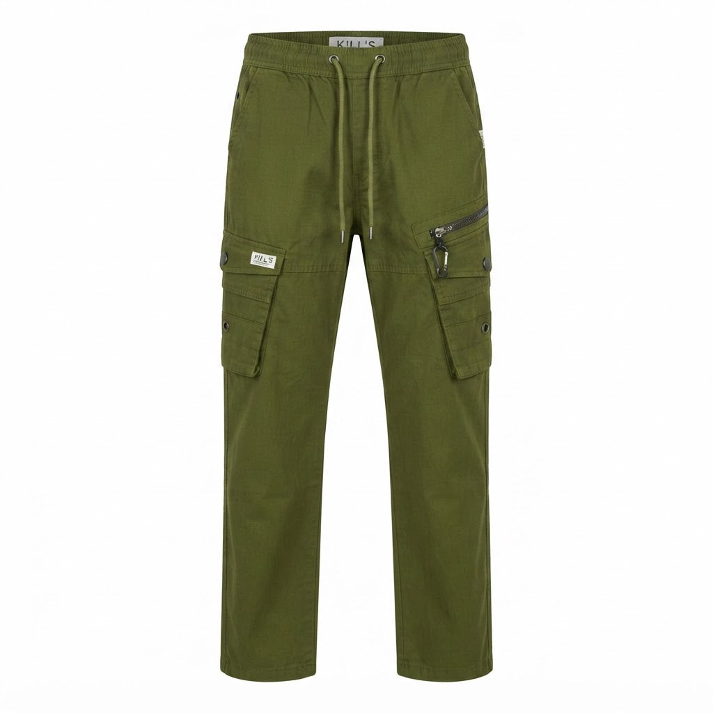 KILL'S Olive Green Loose Fit Multi-Pocket Cargo Trousers