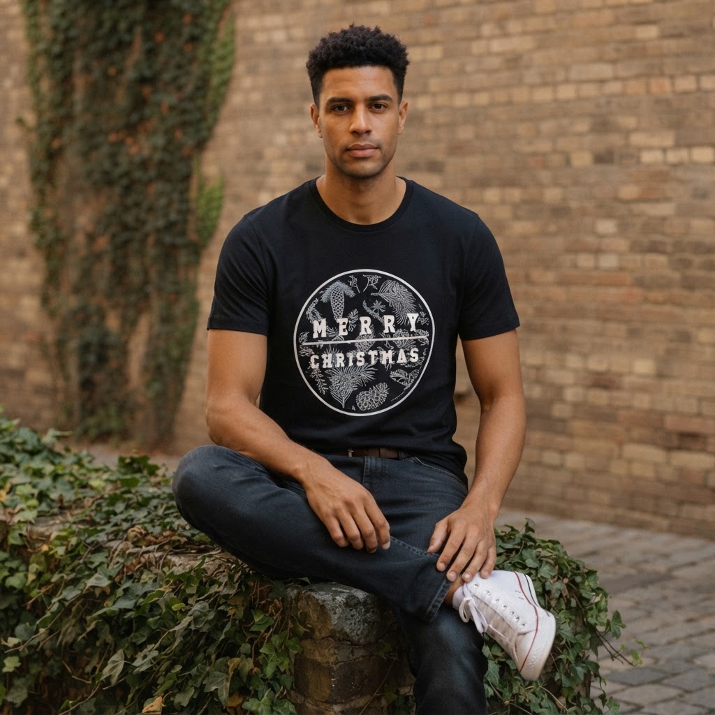 anko Black Merry Christmas Botanical Graphic T-Shirt XL
