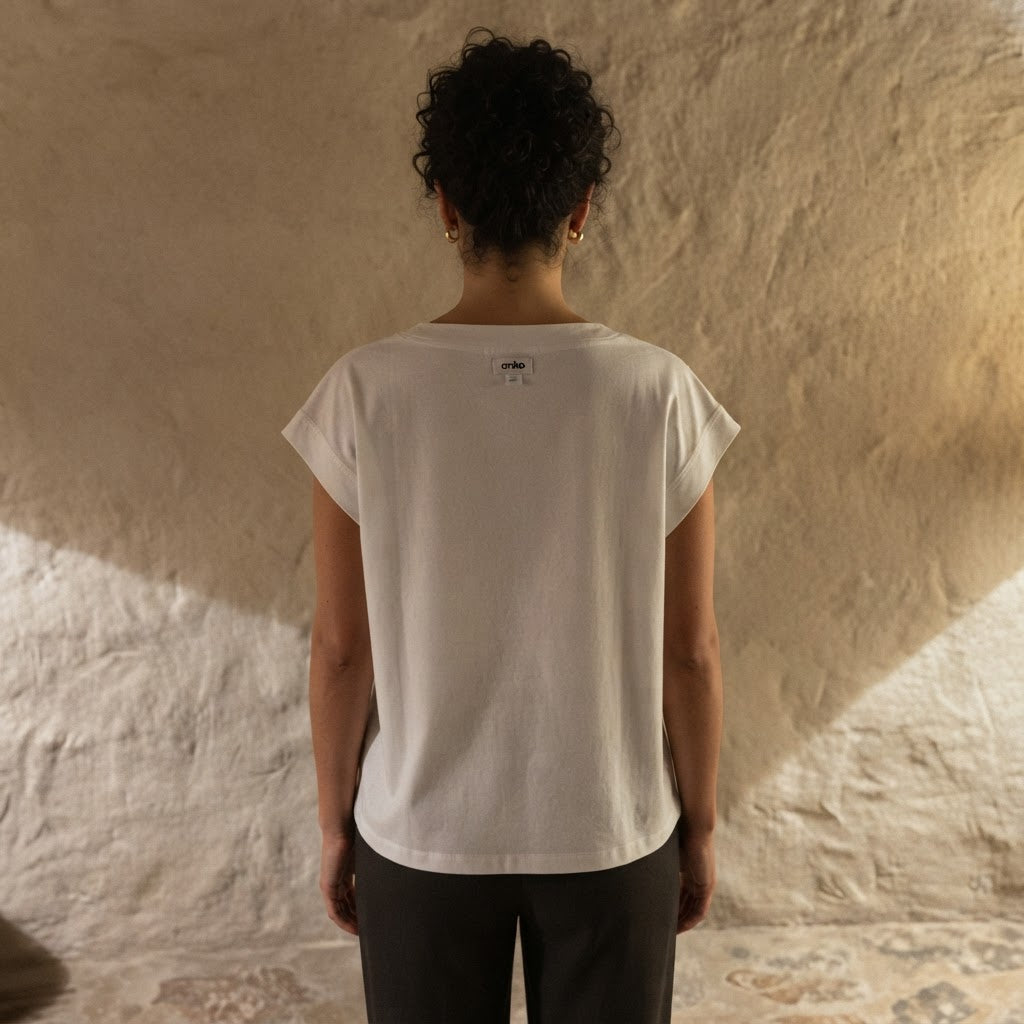 anko White Relaxed Boxy V-Neck Cap-Sleeve Cotton Top