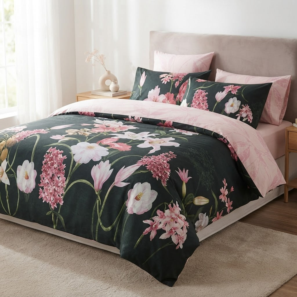 House & Home Unisex Cream Floral Reversible Cotton Queen Duv