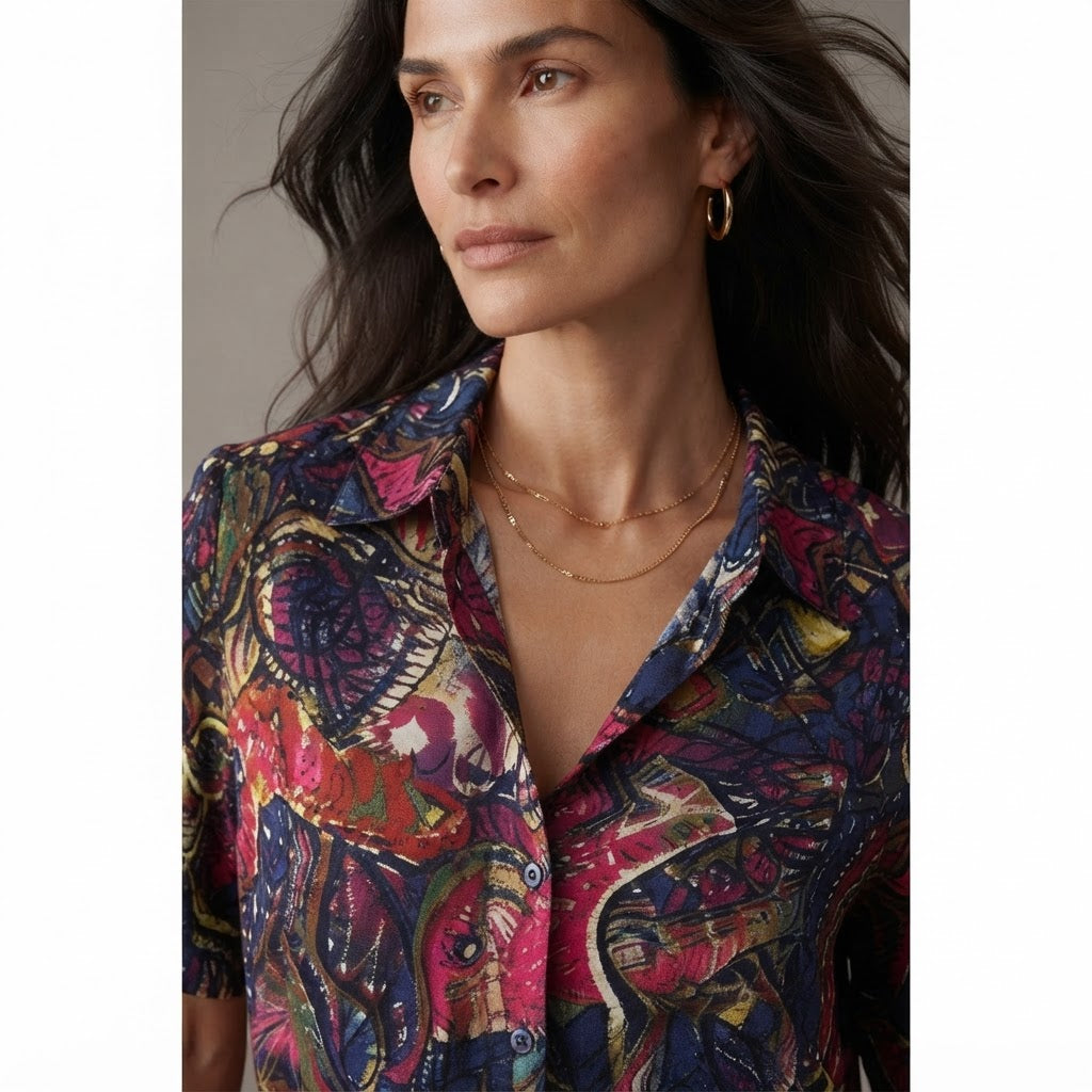SHEIN Navy Multicolour Abstract Print Relaxed Rayon Blouse