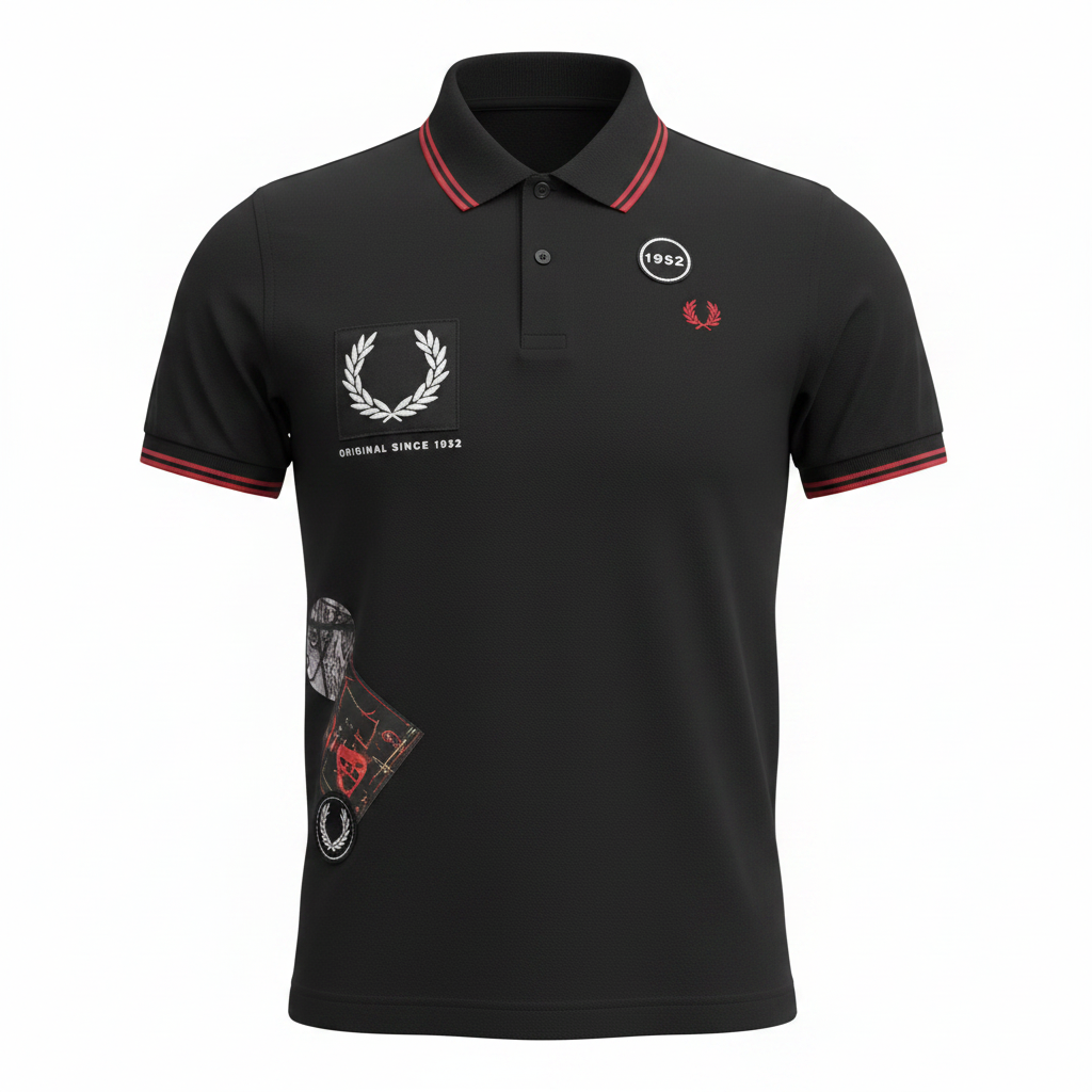 FRED PERRY Men's Black Patch-Detail Cotton Polo Shirt