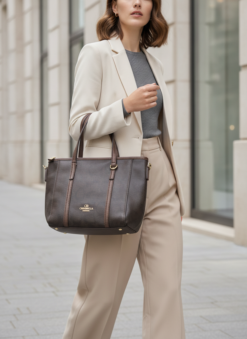 Chrisbella Dark Brown Textured Top-Handle Tote