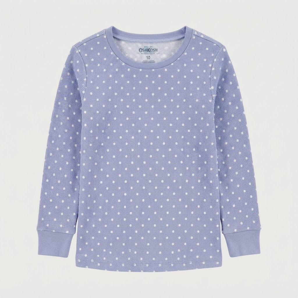 [WearU Generated:merch_clean_front] OshKosh Periwinkle Blue Polka Dot Long-Sleeve Crew Neck Top – front view
