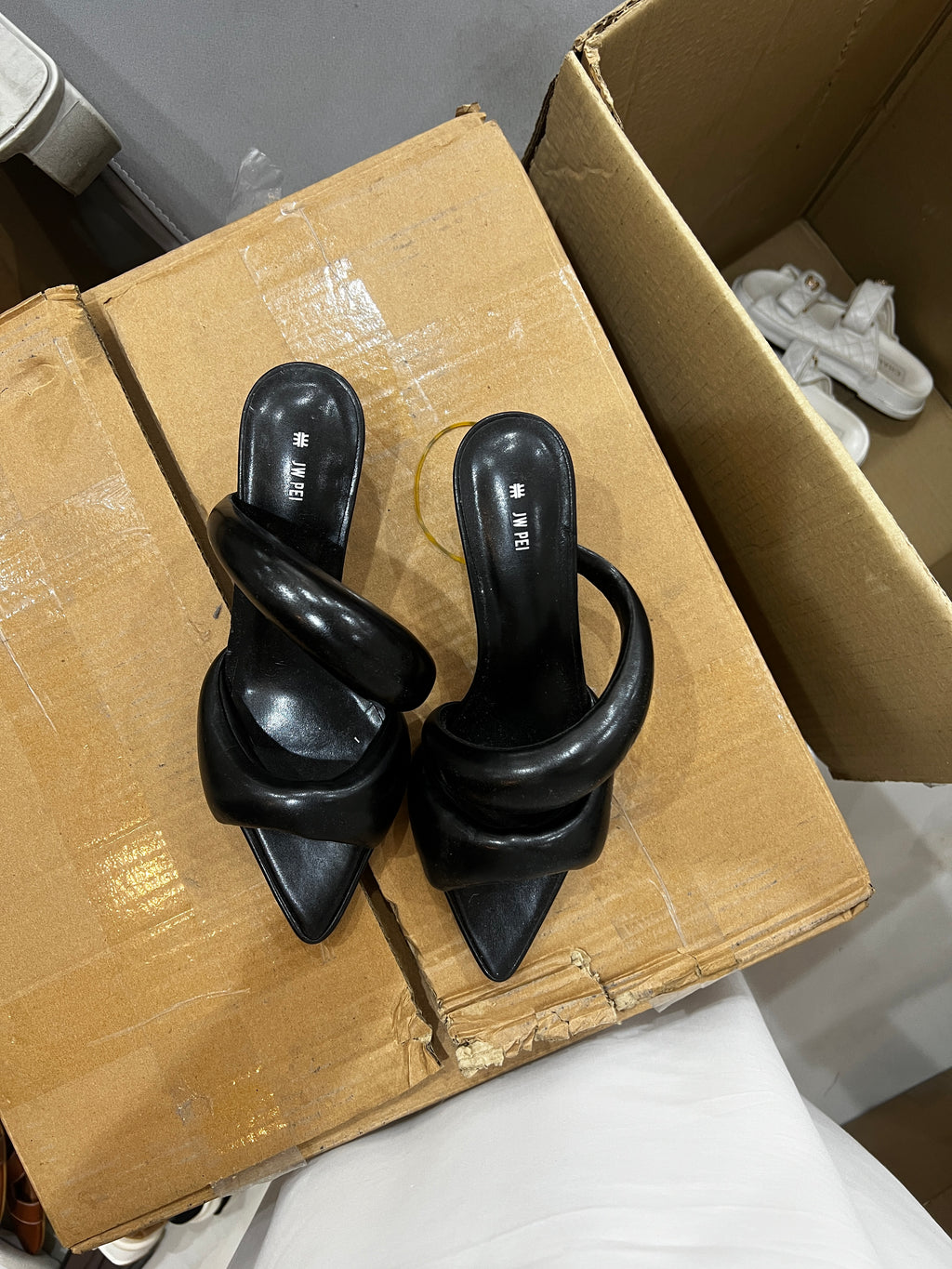 JW PEI Black Puffy Double Strap Pointed Toe Stiletto Mules