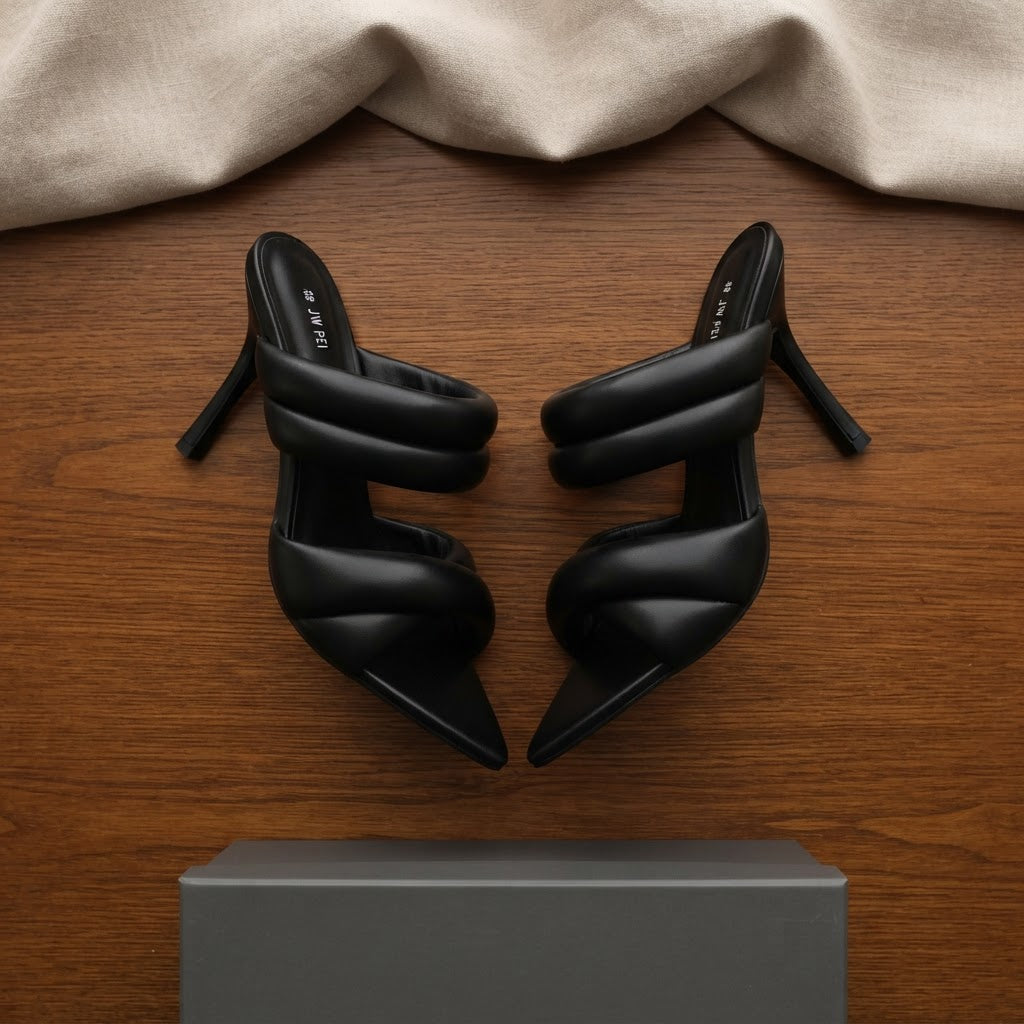 JW PEI Black Puffy Double Strap Pointed Toe Stiletto Mules