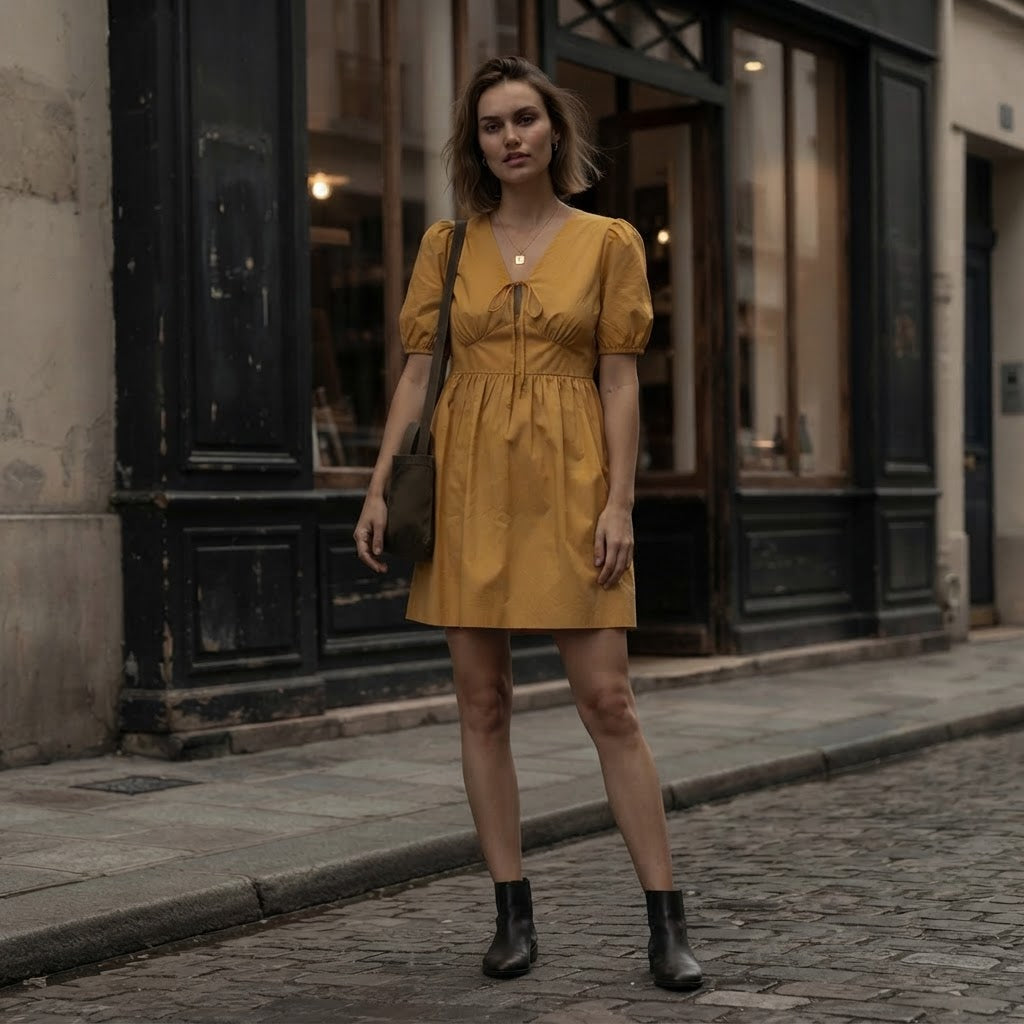 SHEIN Mustard Yellow Lace-Up Mini Baby-Doll Dress
