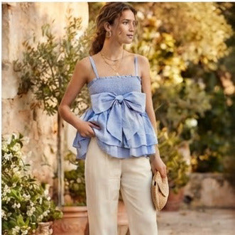 Blue Smocked Bow Tiered Sleeveless Summer Top