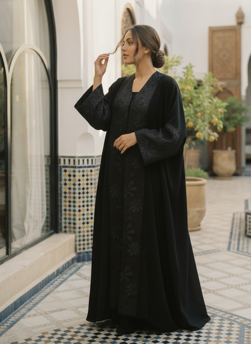 Black Embroidered Tonal Panel Kaftan Abaya