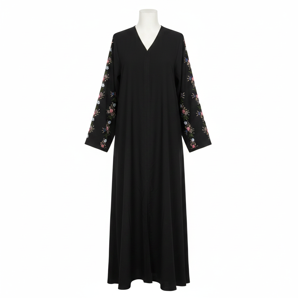 Elegant Black Beaded Floral Abaya for Women