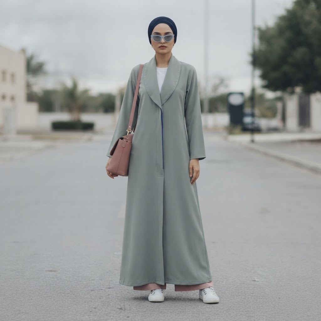 Cool Sage Grey Floor-Length Thobe with Mandarin Collar
