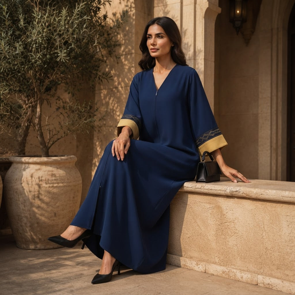 represent Navy Blue Floor-Length Abaya with Geometric Trim