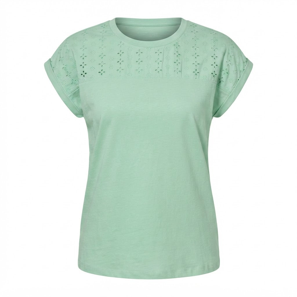 esmara Women's Light Green T-Shirt with Floral Eyelet Yoke