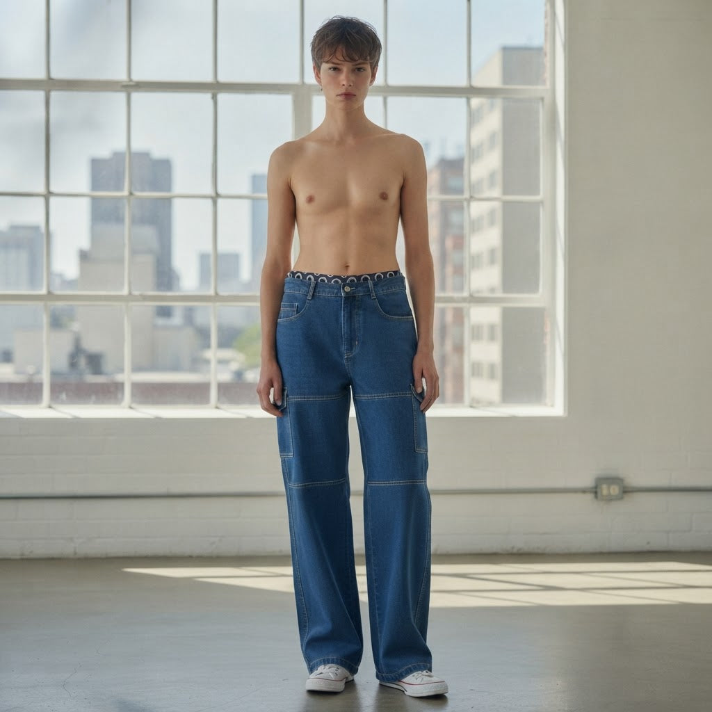 off-white Medium Blue Wide Leg Cargo Denim Jeans with Contra