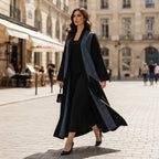 Black Open-Front Bisht Robe with Blue Jacquard Panels
