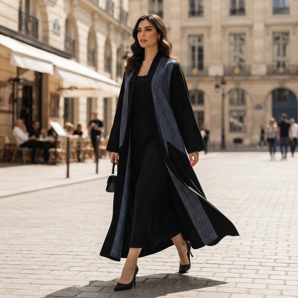 Black Open-Front Bisht Robe with Blue Jacquard Panels