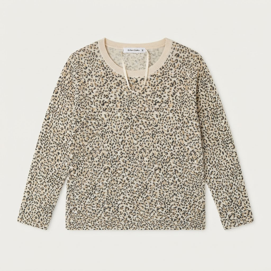 [WearU Generated:merch_clean_front] Brilliant Basics Cream Leopard Knit Cotton Long-Sleeve Top – front view