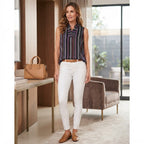 Women's Black Vertical Stripe Sleeveless High-Neck Blouse